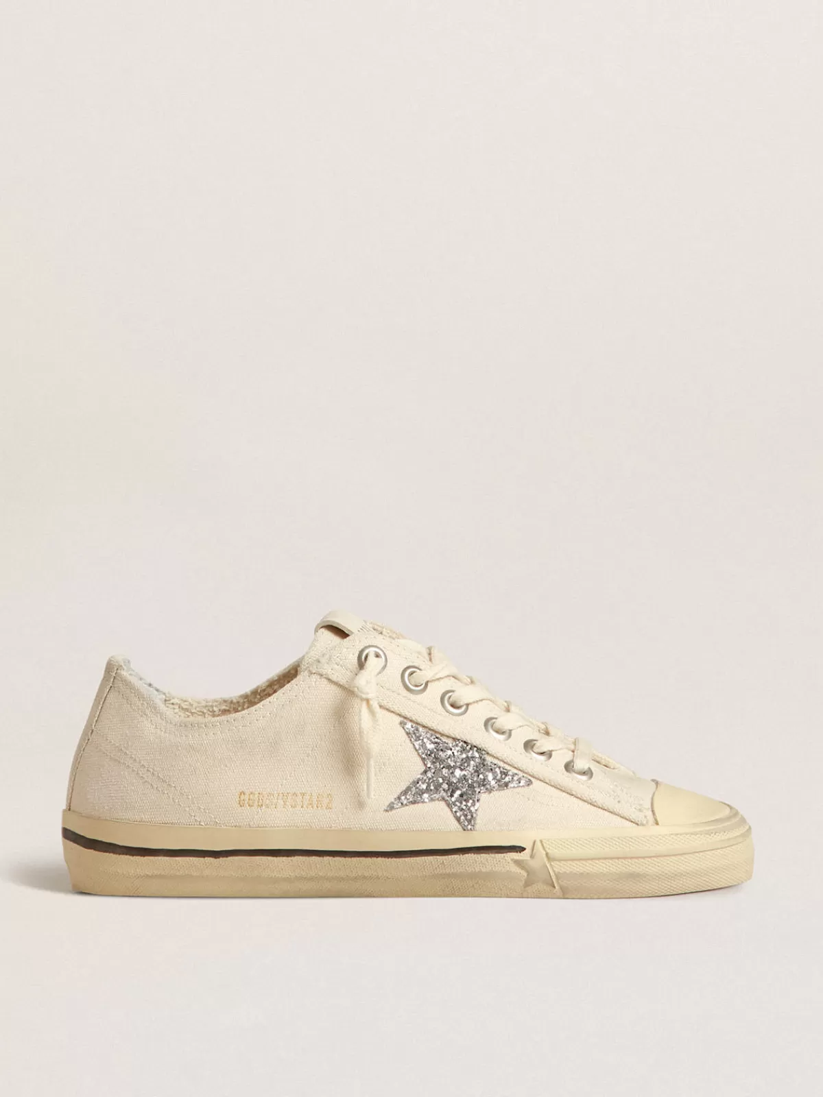 Golden Goose V-Star in beige canvas with a silver glitter star Clearance