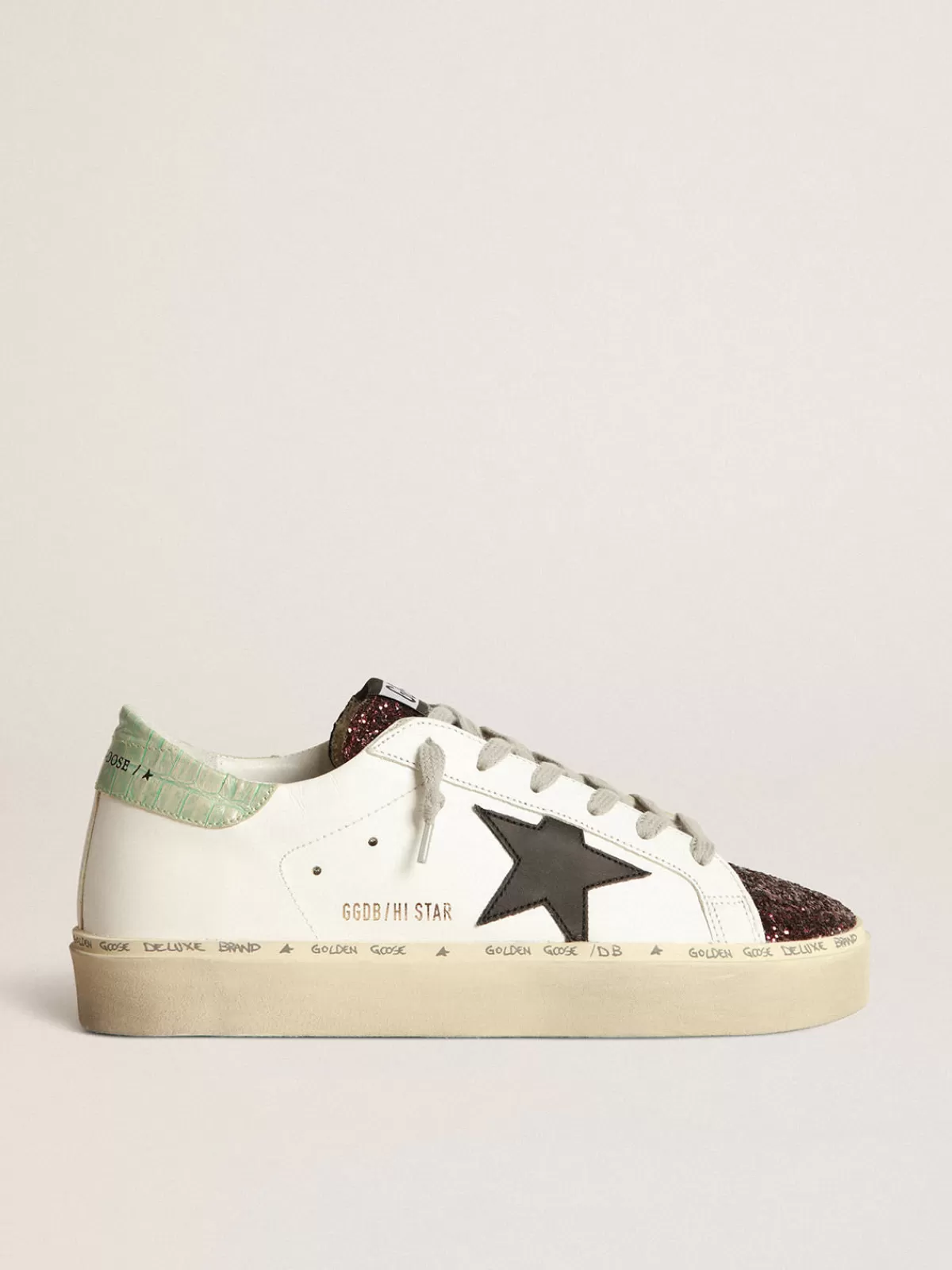 Golden Goose White Hi-Star sneakers with glittery insert and black star Shop