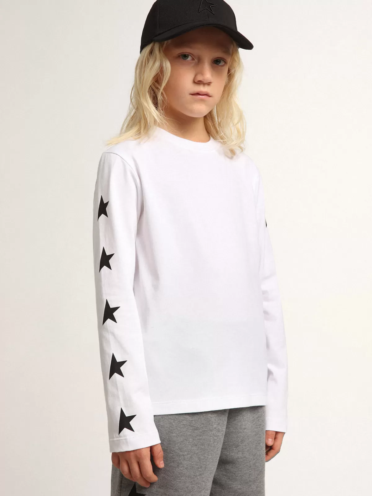 Golden Goose White long-sleeved T-shirt with contrasting black stars opticalwhite Hot