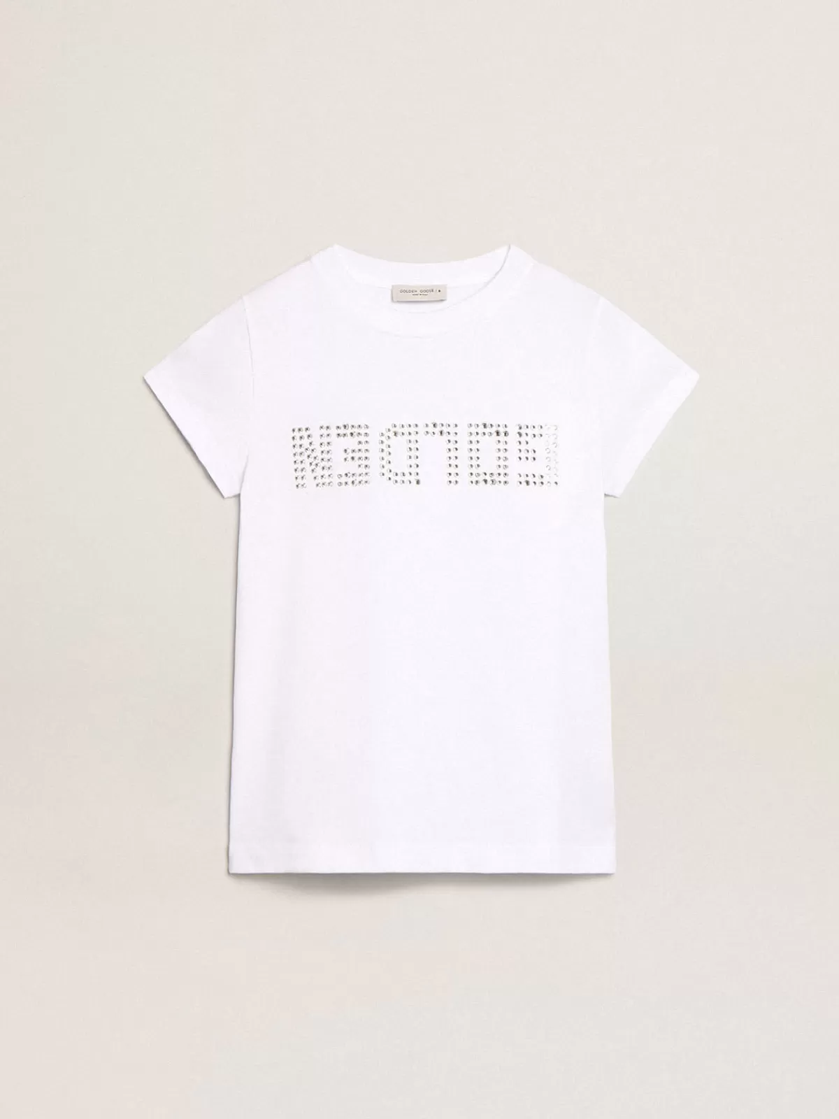 Golden Goose T-shirt with central Golden lettering in crystals white Flash Sale