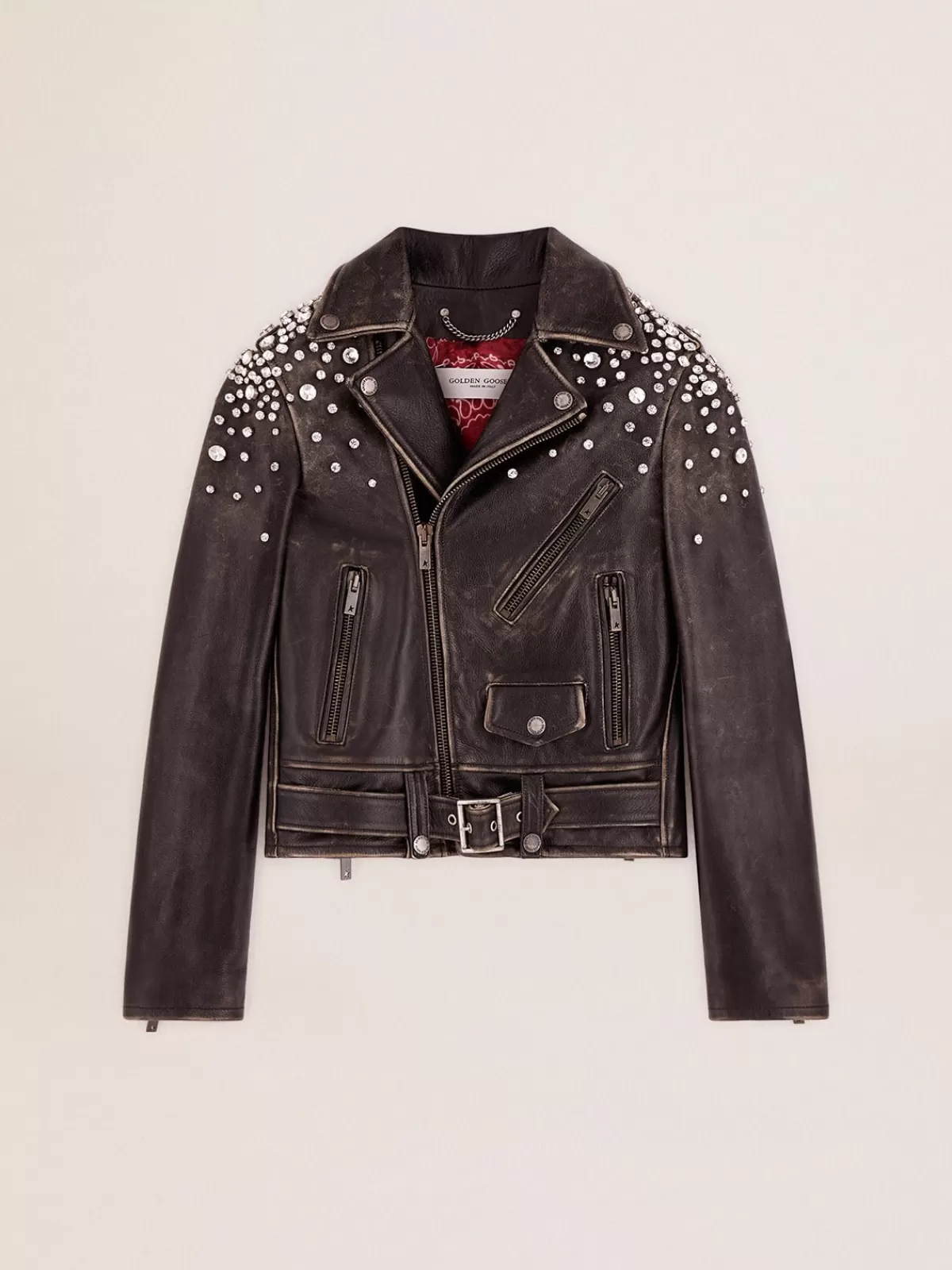 Golden Goose Women's biker jacket in distressed leather with cabochon crystals Store