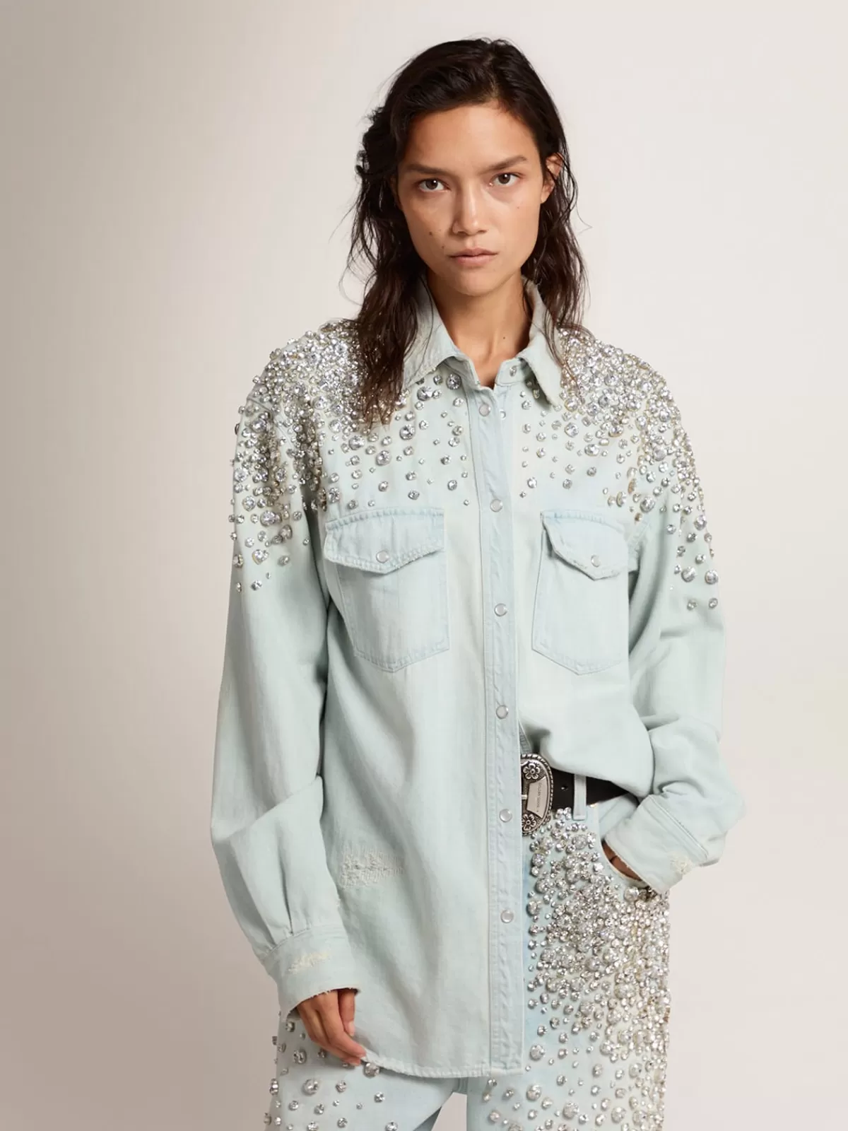 Golden Goose Women's bleached boyfriend shirt with cabochon crystals bleachedblue Store