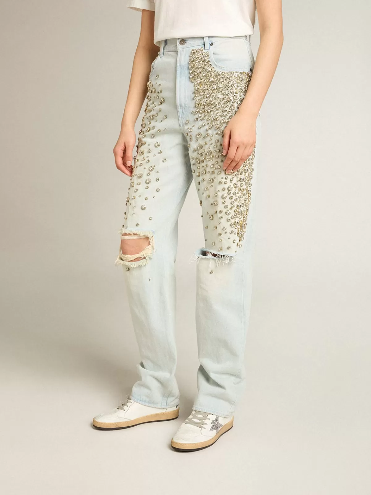 Golden Goose Women's bleached jeans with cabochon crystals bleachedblue Fashion