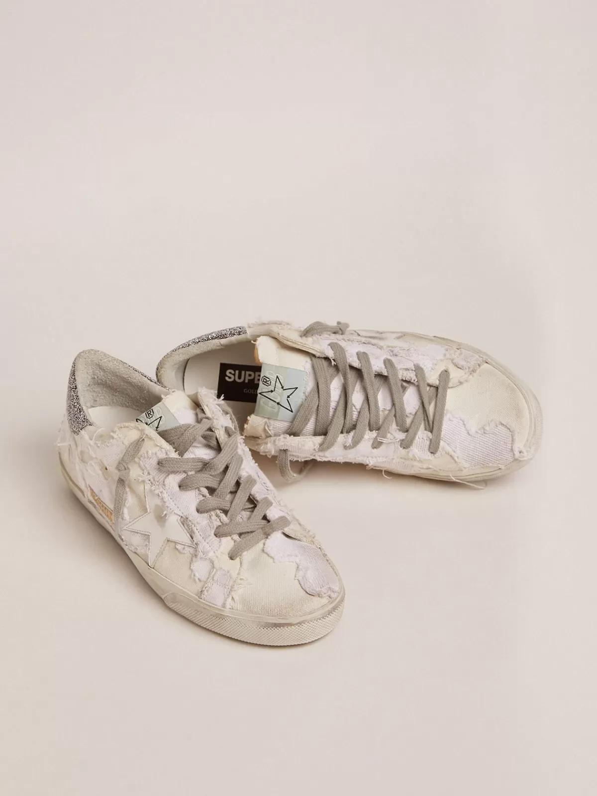 Golden Goose Women’s canvas Super-Star sneakers with Swarovski crystal heel tab white Clearance