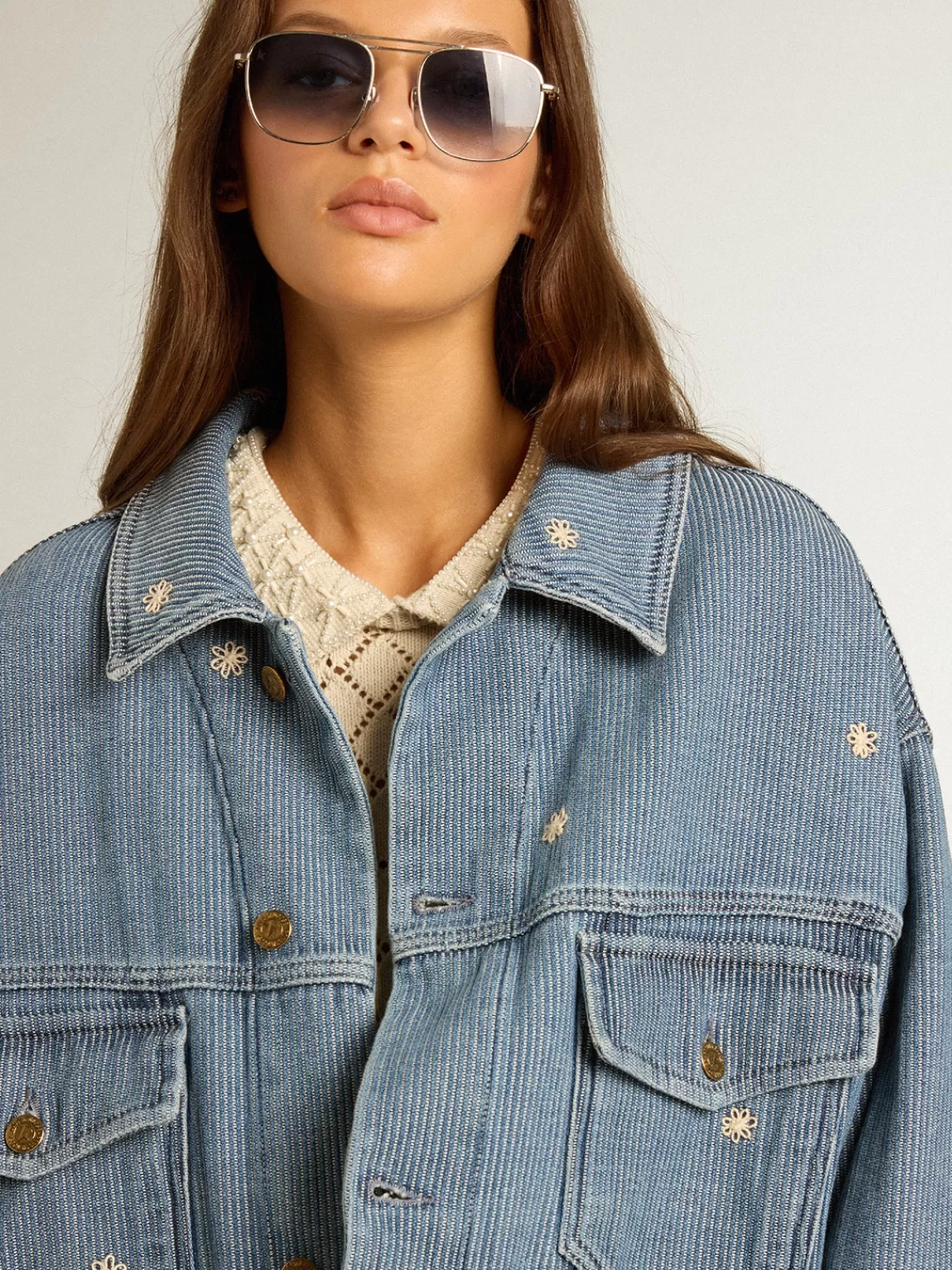 Golden Goose Women's denim jacket with floral embroidery lightblue Sale