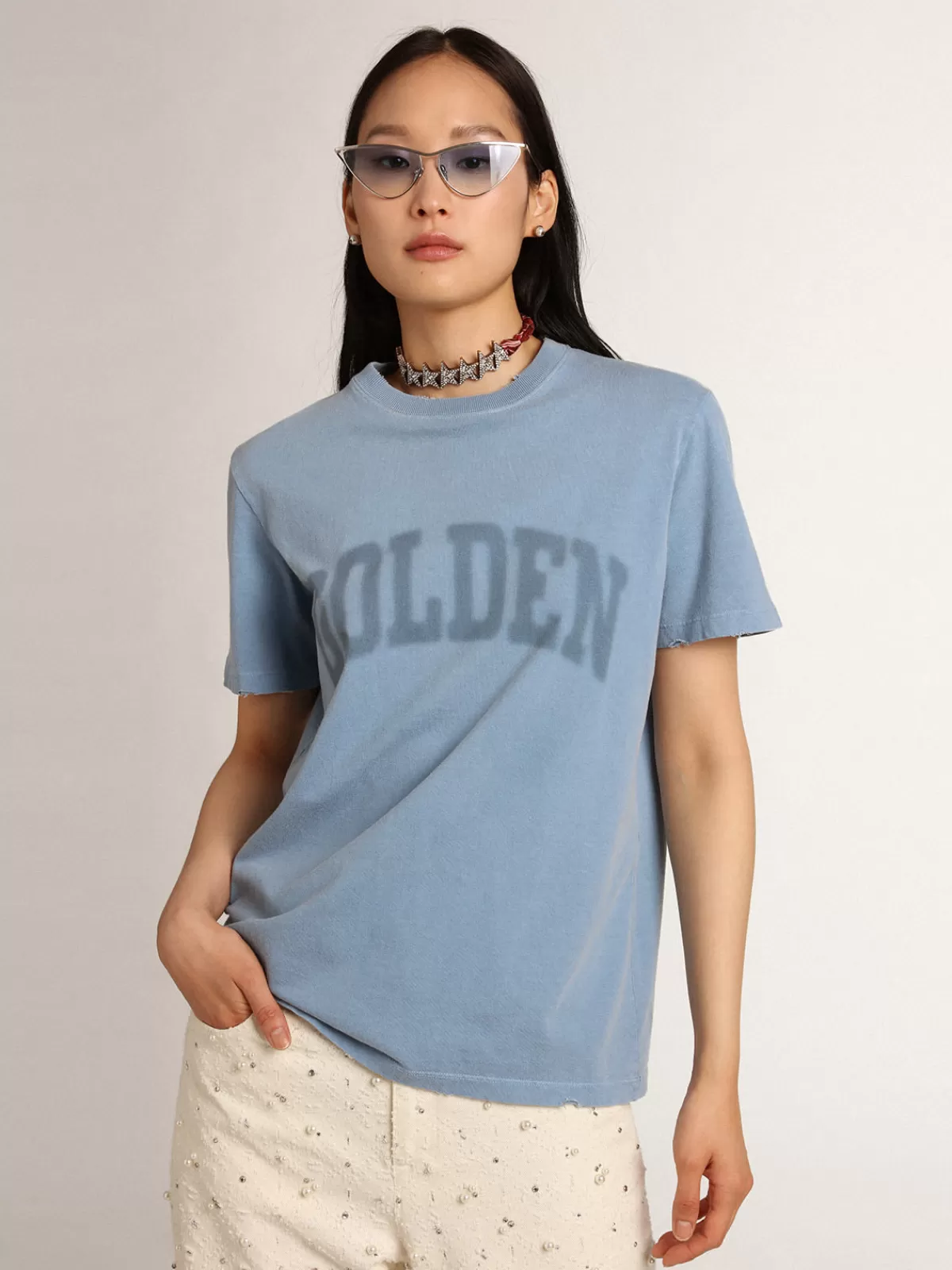 Golden Goose Women's harbor blue T-shirt with tone-on-tone Golden lettering harborblue Store