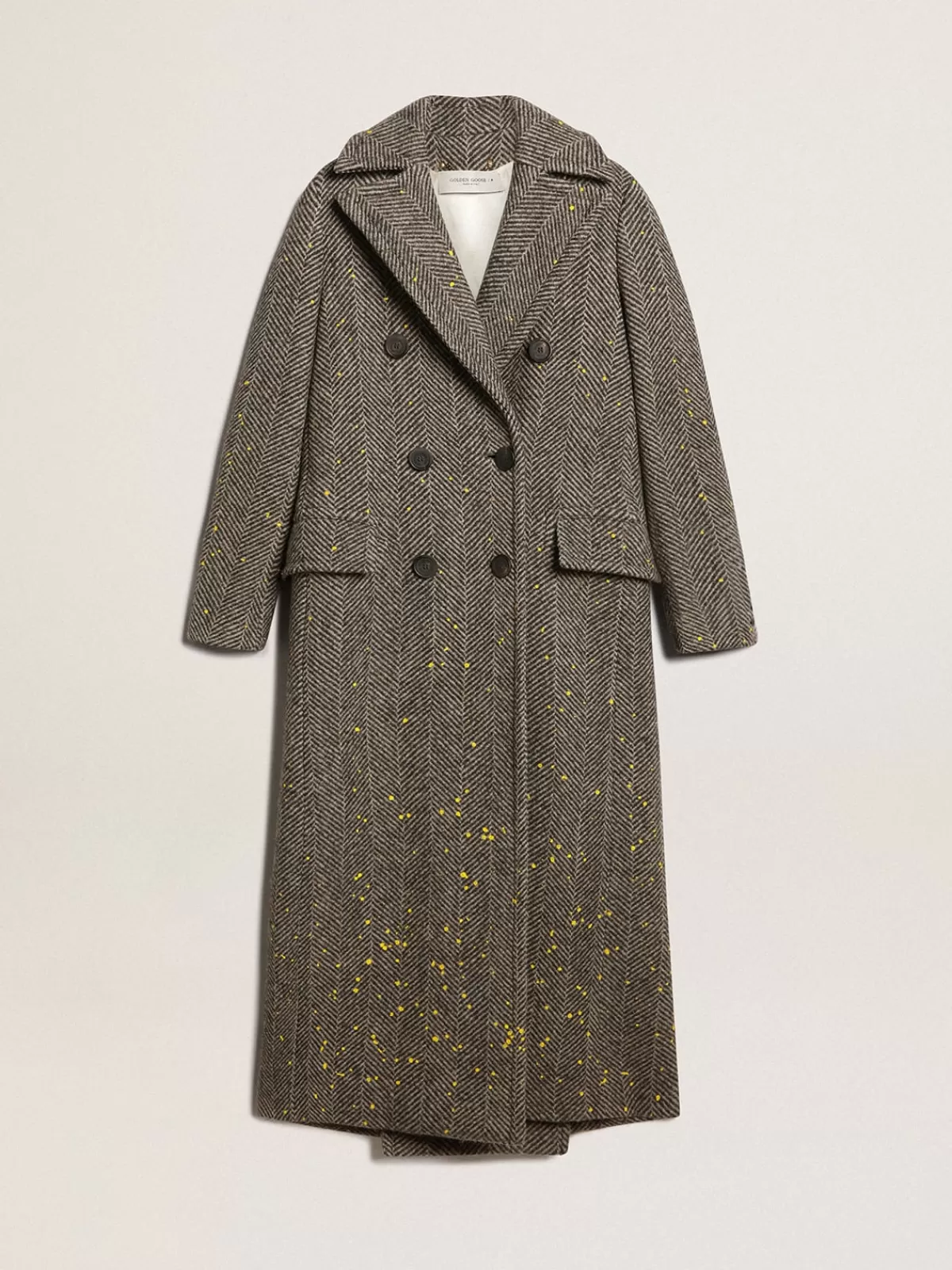 Golden Goose Women's long herringbone coat with yellow details black Outlet