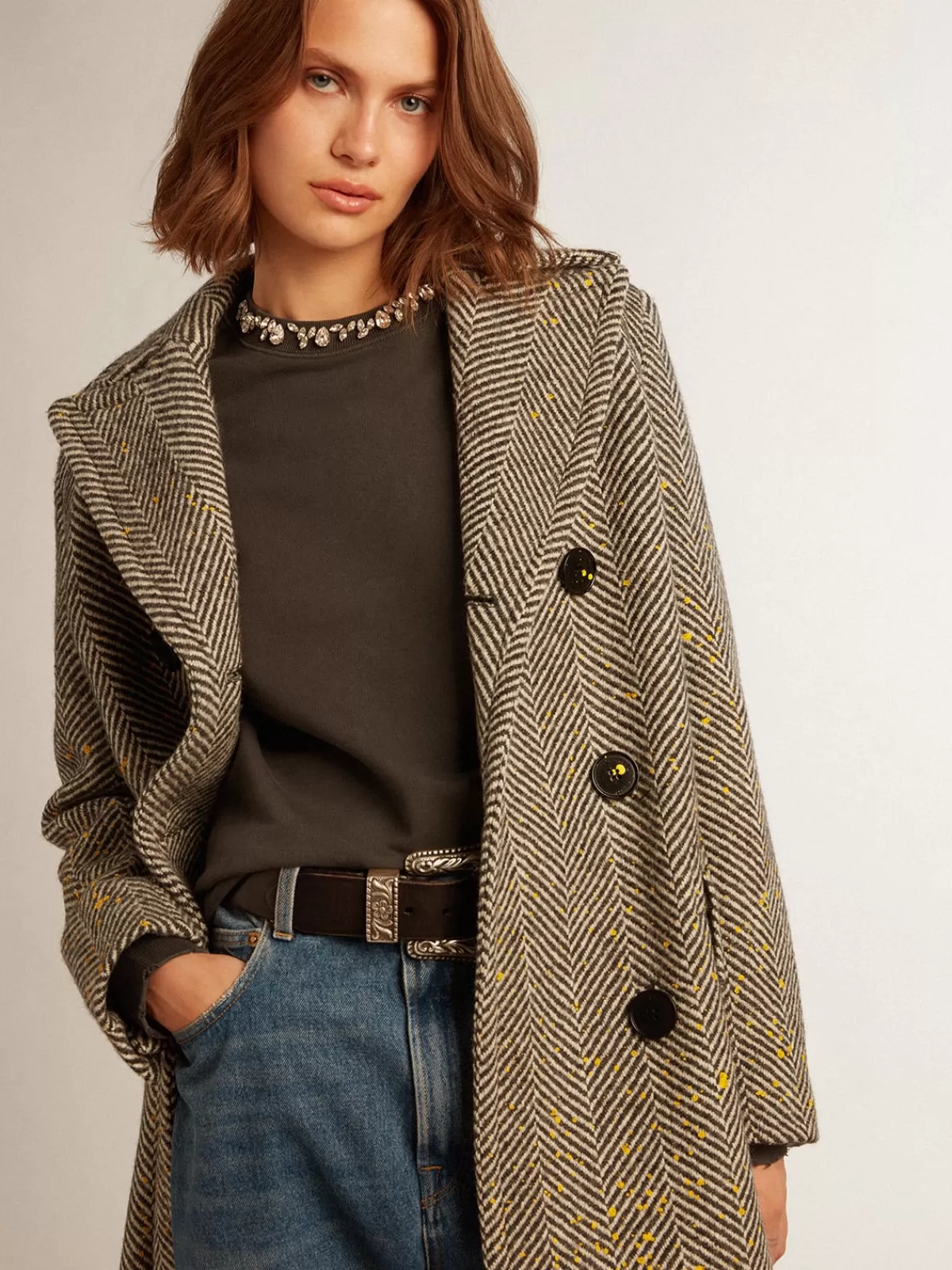 Golden Goose Women's long herringbone coat with yellow details black Outlet