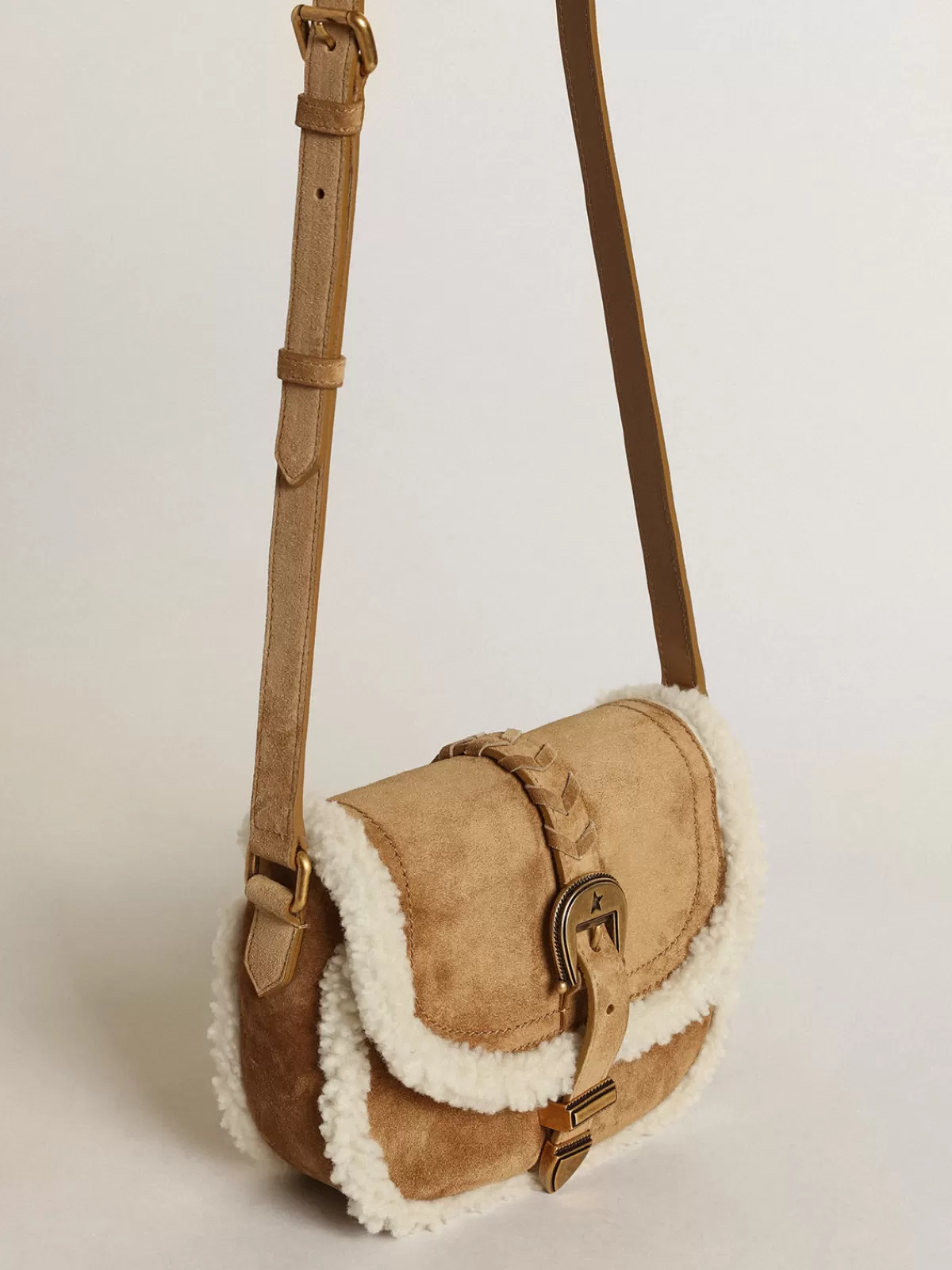 Golden Goose Women's Rodeo Bag in suede with shearling details brown Store