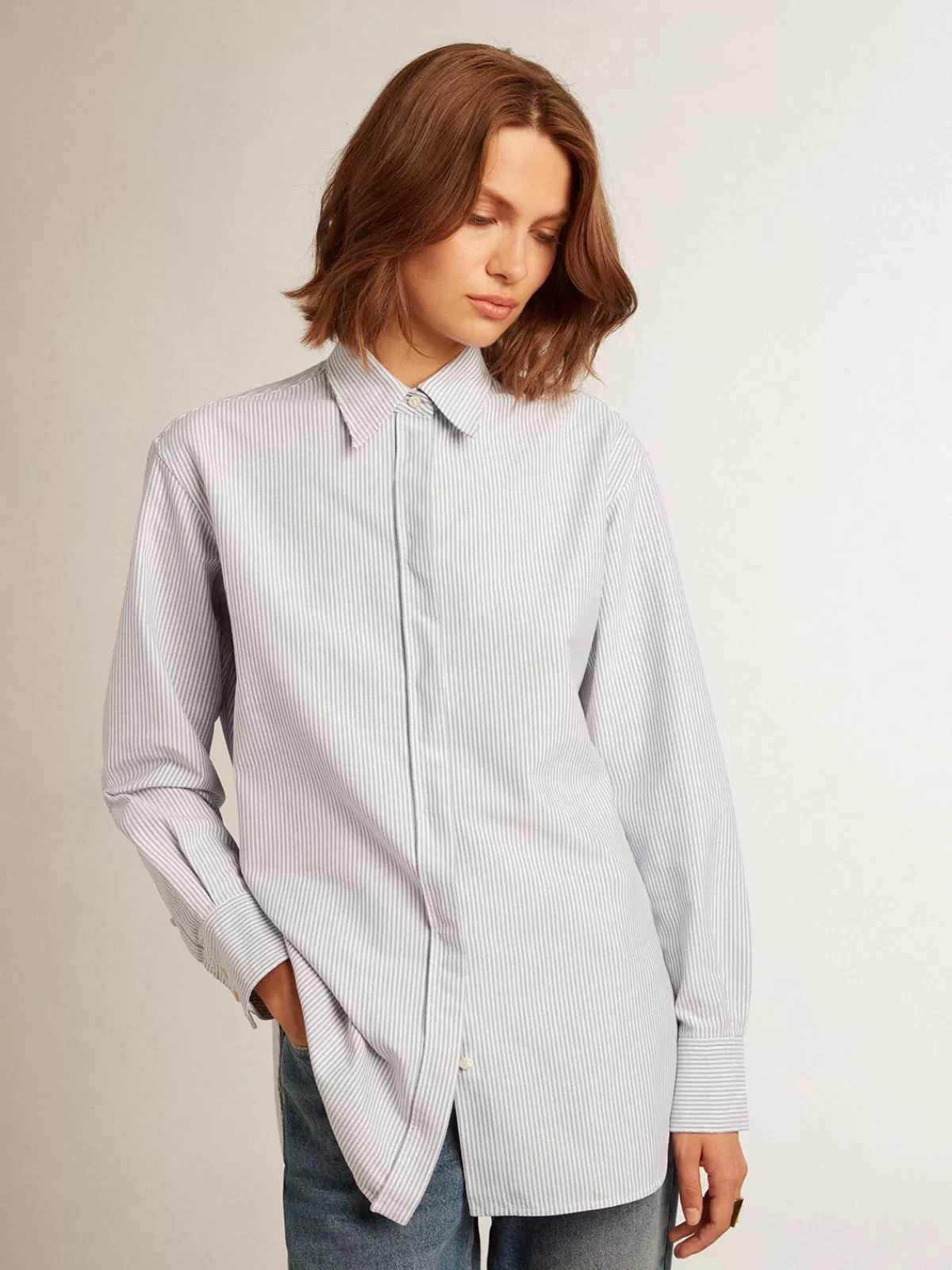 Golden Goose Women's shirt with narrow stripes whiteandlightblue Discount