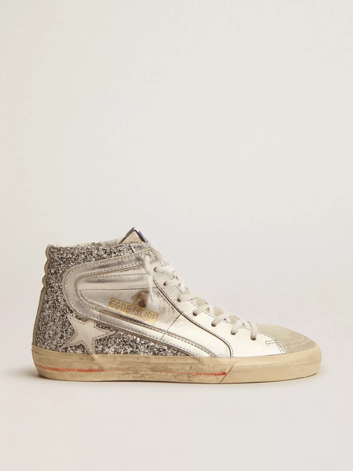 Golden Goose Women's Slide with laminated leather upper and silver glitter Discount