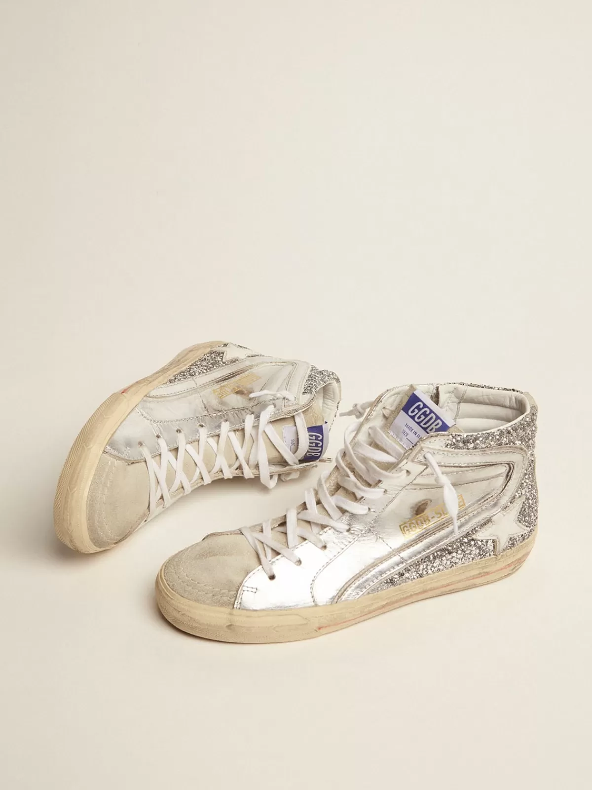 Golden Goose Women's Slide with laminated leather upper and silver glitter Discount