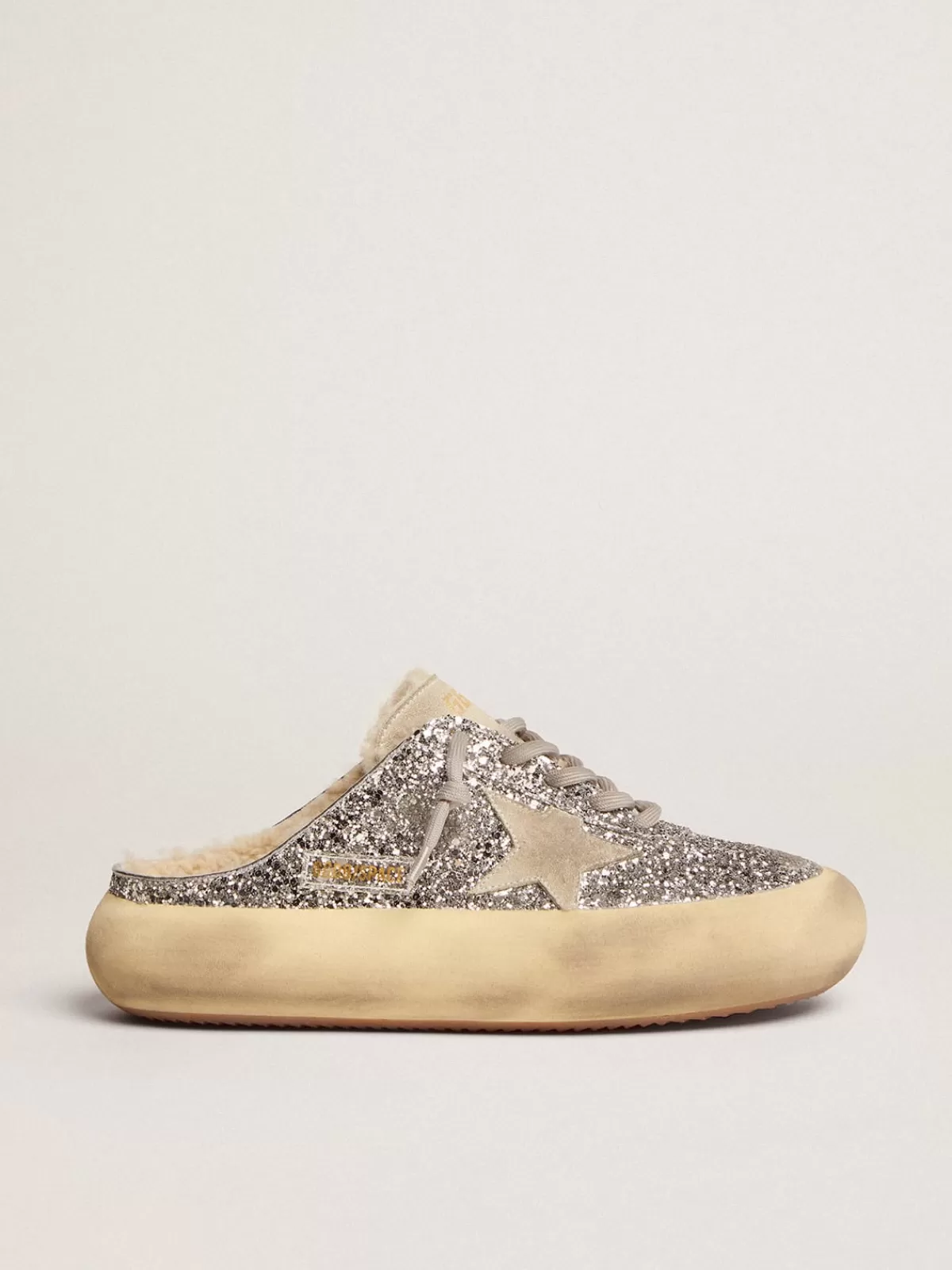 Golden Goose Women's Space-Star Sabot in silver glitter and shearling lining white Best