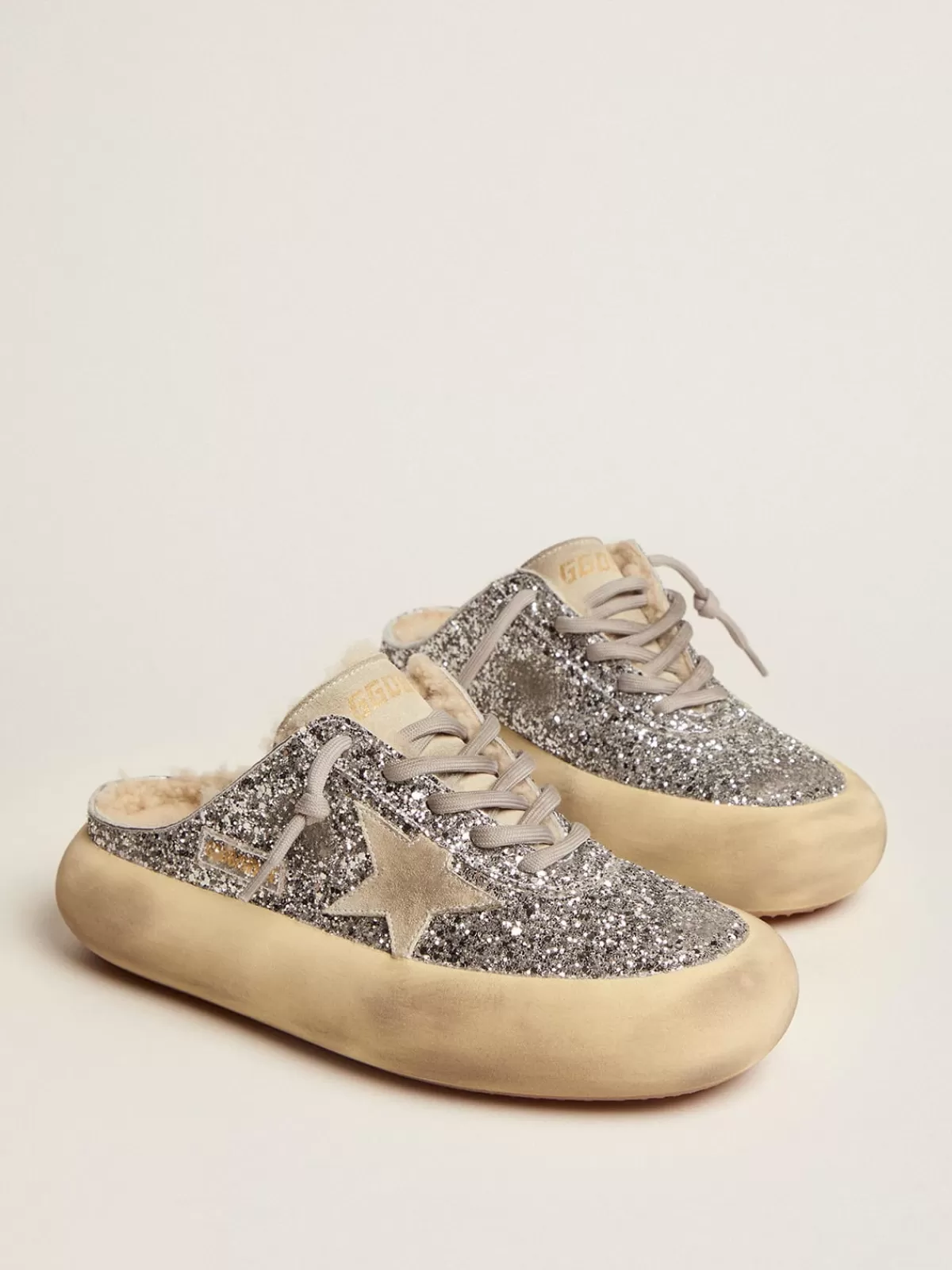 Golden Goose Women's Space-Star Sabot in silver glitter and shearling lining white Best