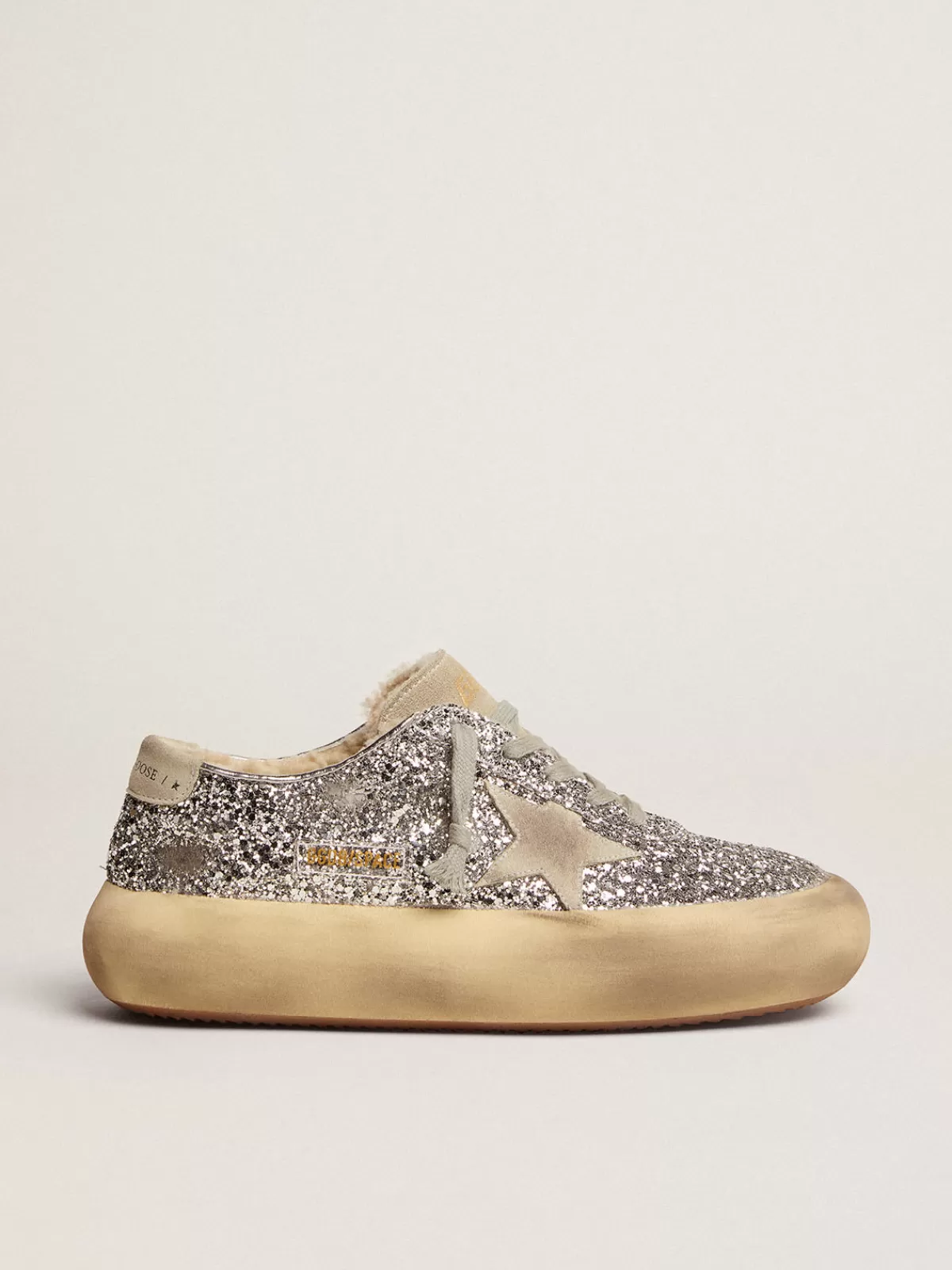 Golden Goose Women's Space-Star shoes in silver glitter with shearling lining whiteandblue Discount