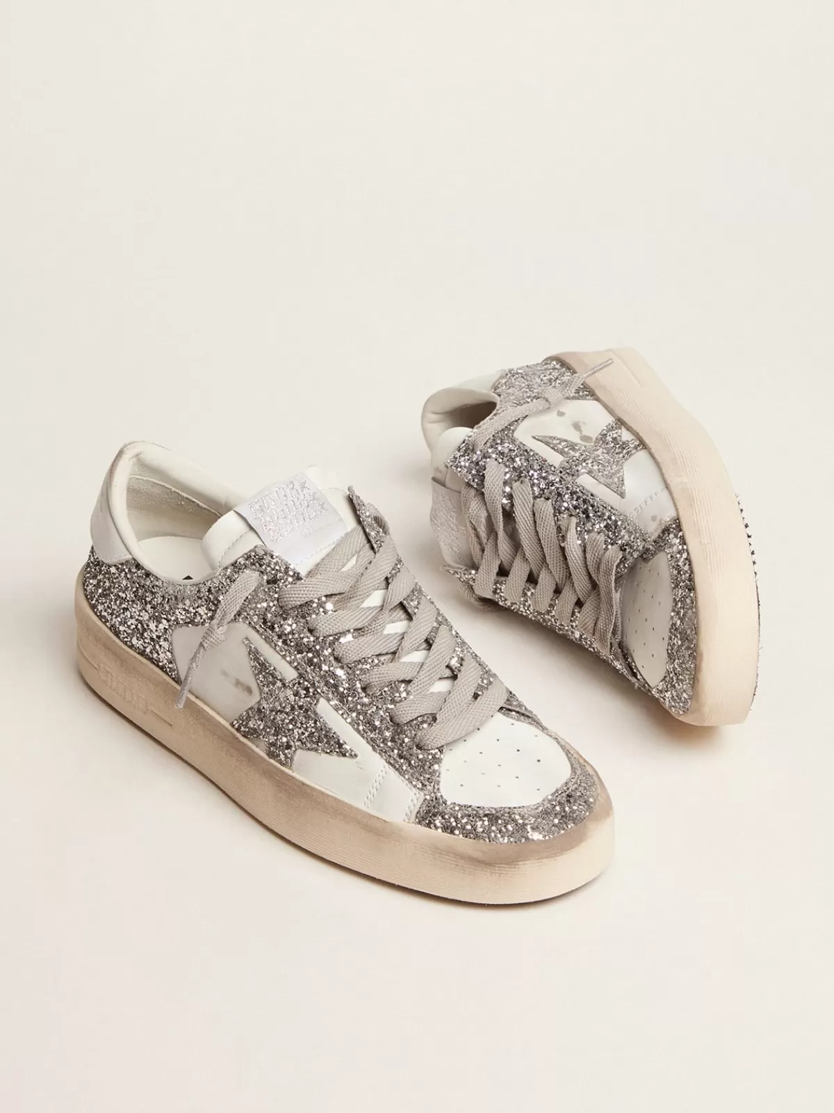 Golden Goose Women's Stardan in white leather and glitter whiteandsilver Best Sale