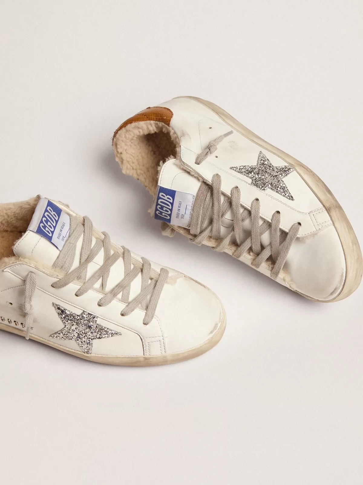 Golden Goose Women's Super-Star with shearling lining and silver glitter star white Discount