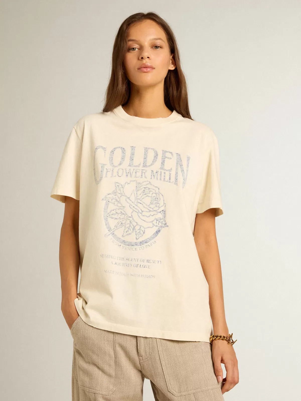 Golden Goose Women’s T-shirt in aged white cotton with seasonal print agedwhite Cheap