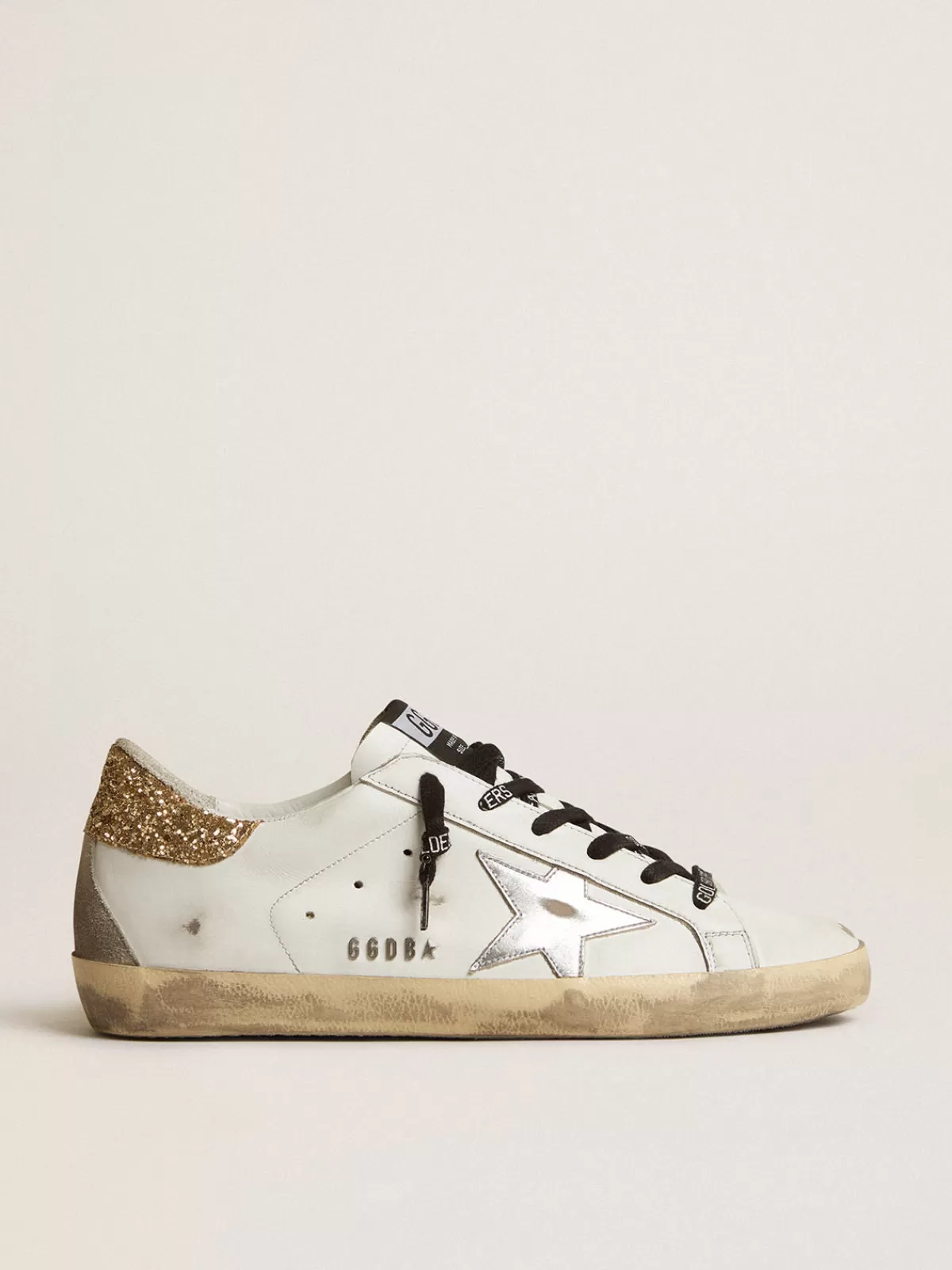 Golden Goose Women's white leather Super-Star sneakers with glittery heel tab Clearance