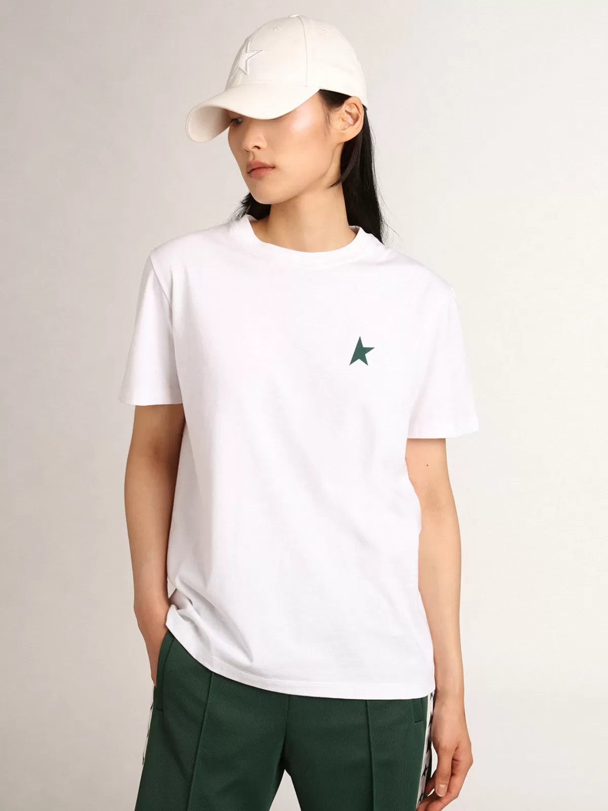 Golden Goose Women's white T-shirt with green star on the front opticalwhite Hot