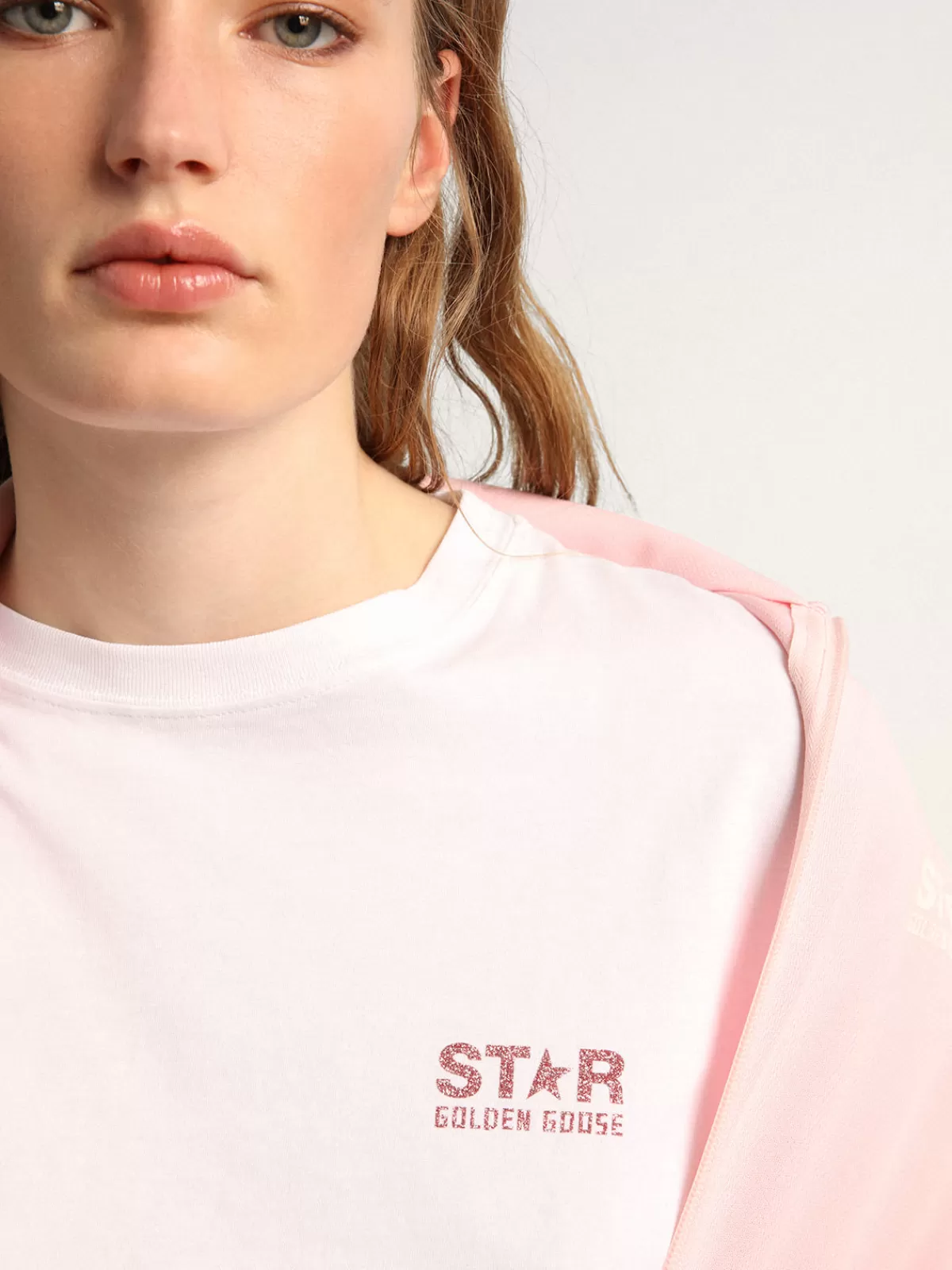 Golden Goose Women's T-shirt with pink glitter logo and star white Clearance